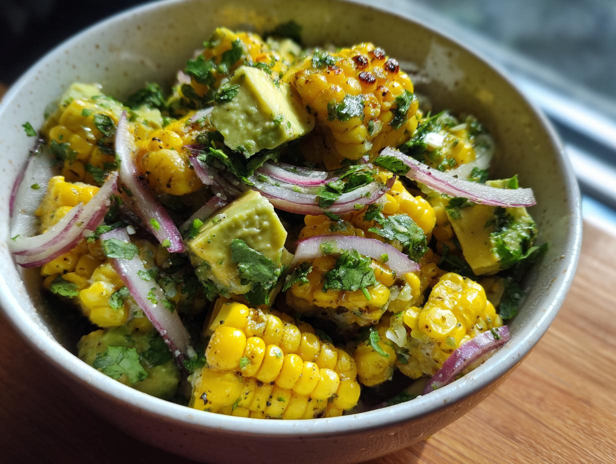 Close-up of a bowl filled with Grilled Corn & Avocado Salad, with red onion and cilantro.