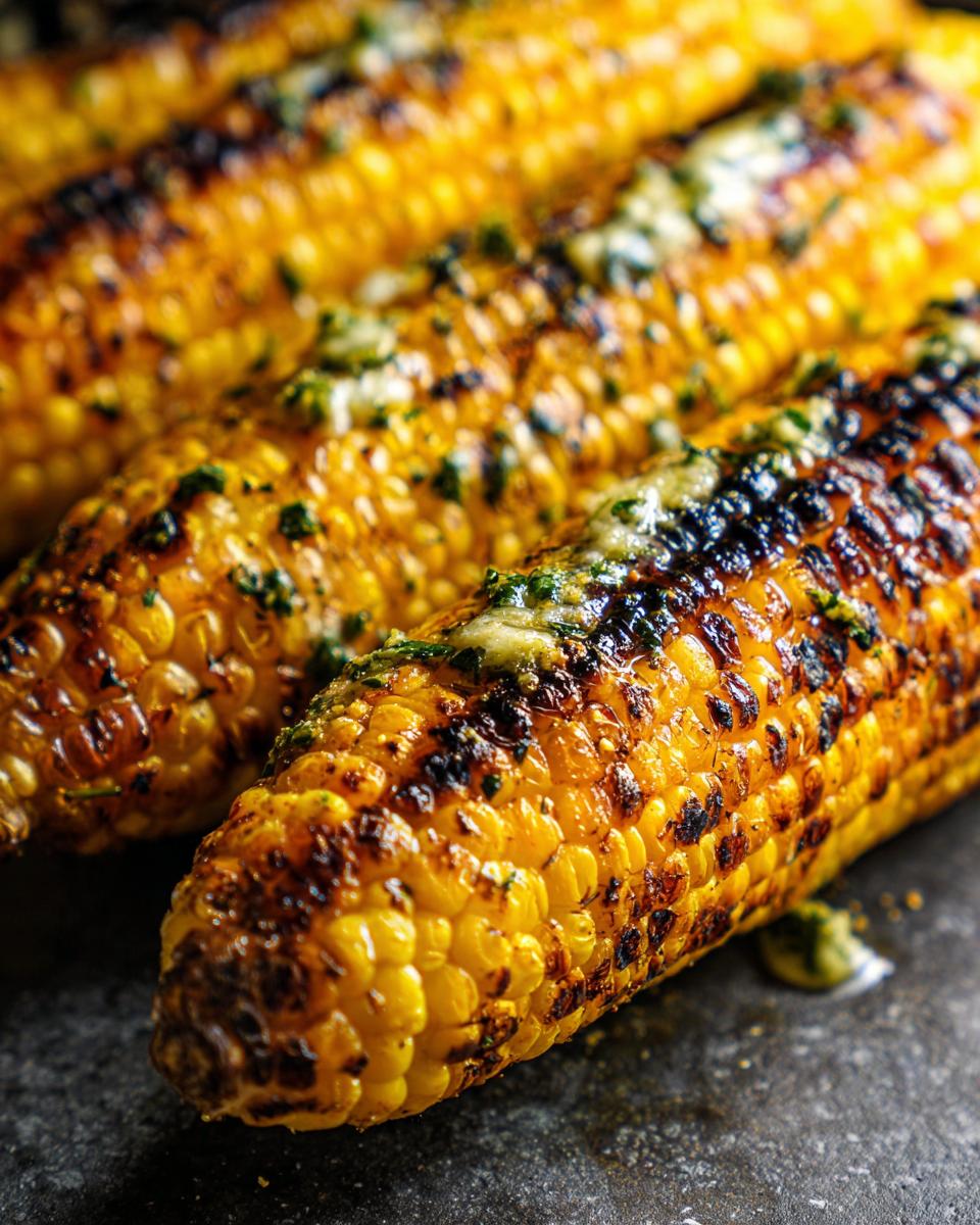 Close-up of grilled corn on the cob with garlic herb butter, the perfect side dish. 