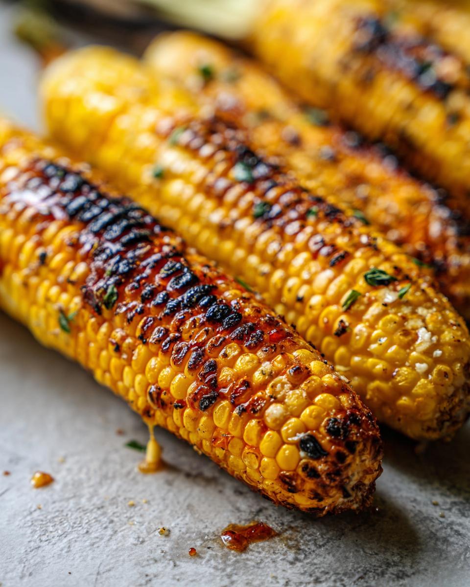 Close-up of grilled corn on the cob with garlic herb butter, showing grill marks and delicious kernels. This is Grilled Corn on the Cob.