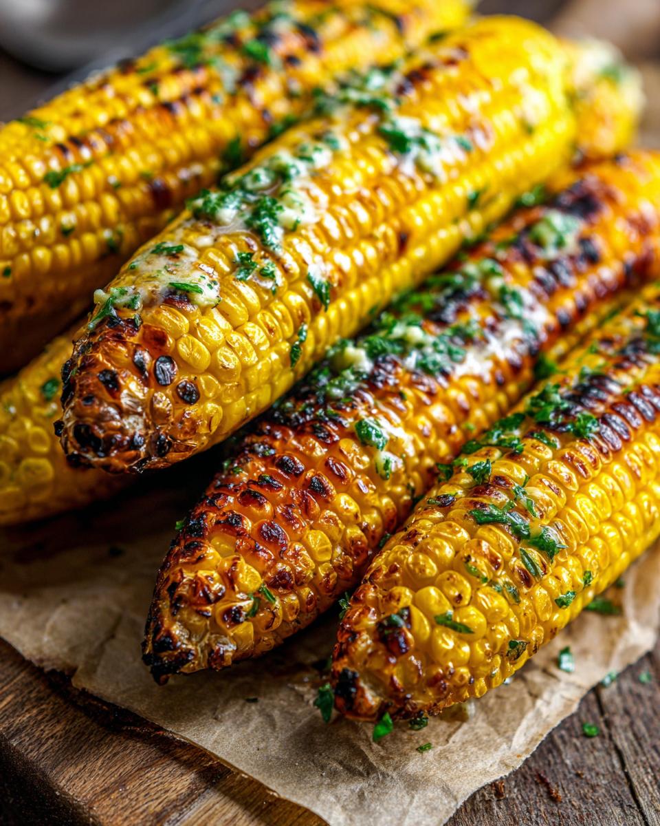 Close-up of grilled corn on the cob with garlic herb butter, a delicious summer side dish.
