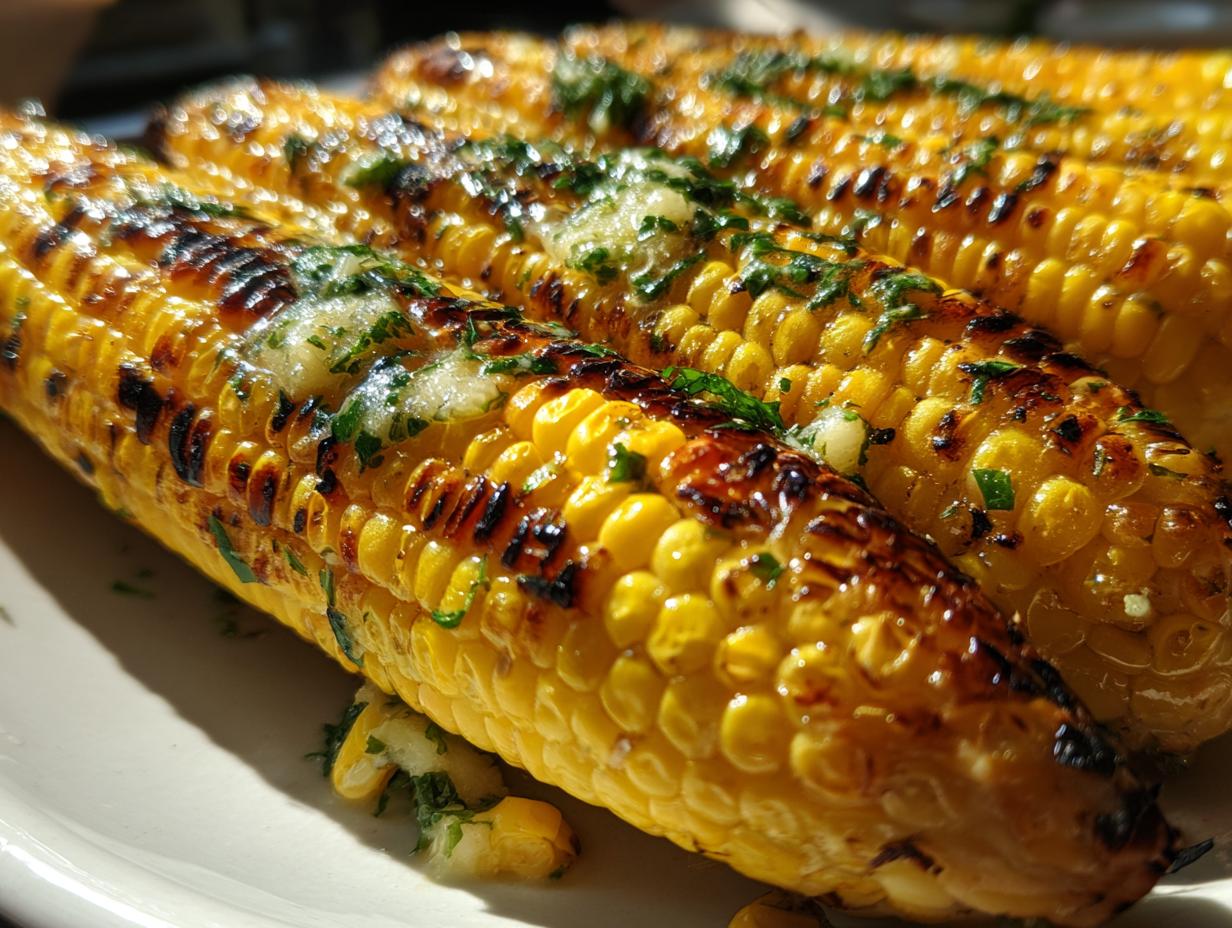 Close-up of delicious Grilled Corn on the Cob with Garlic Herb Butter, perfectly grilled and seasoned.
