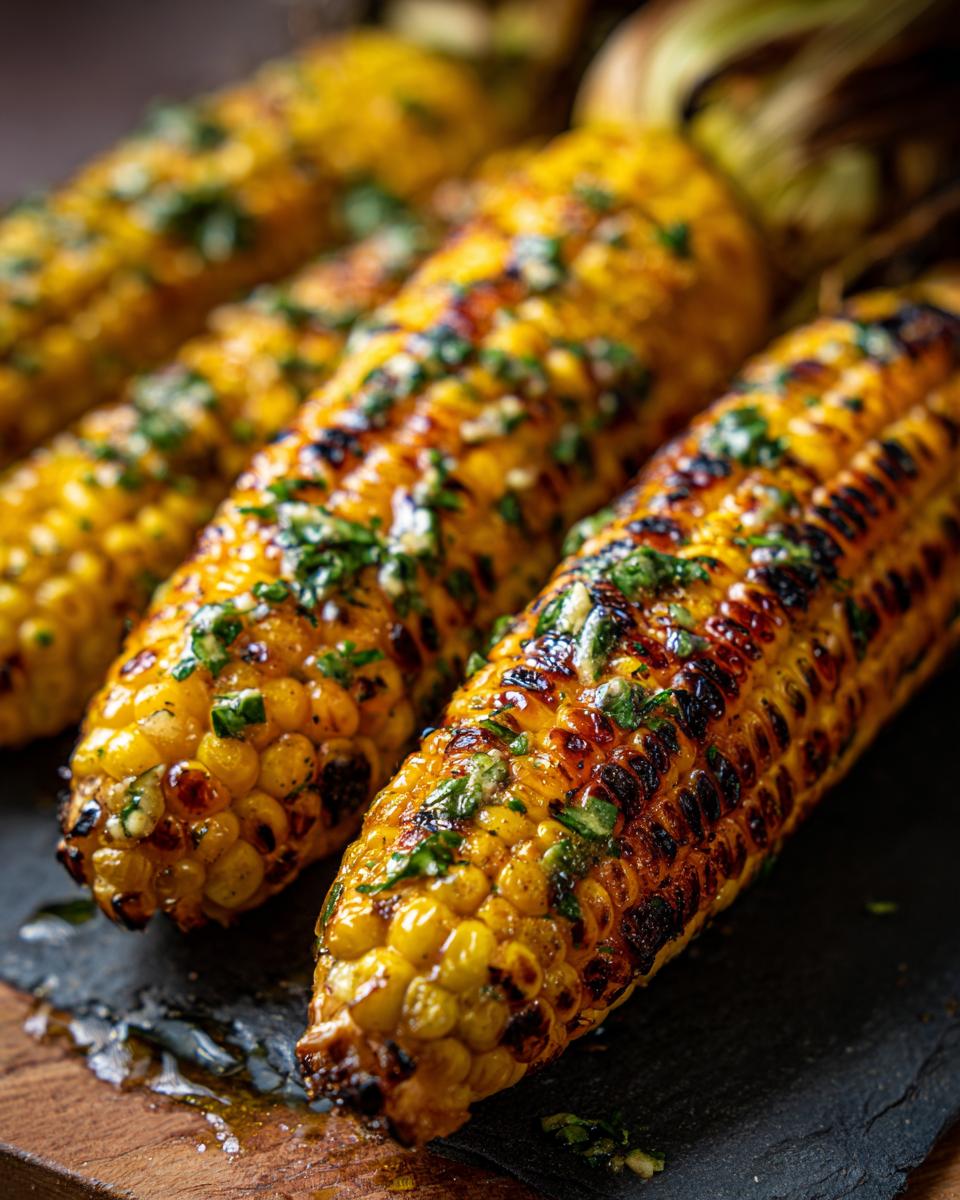 Close-up of grilled corn on the cob with garlic herb butter, ready to eat. The primary keyword is Grilled Corn on the Cob.