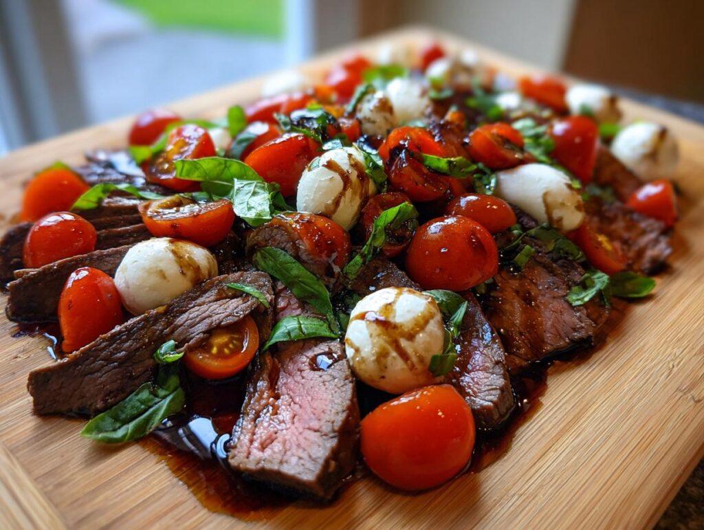 Close-up of Grilled Flank Steak Caprese with tomatoes, mozzarella, basil, and balsamic glaze.