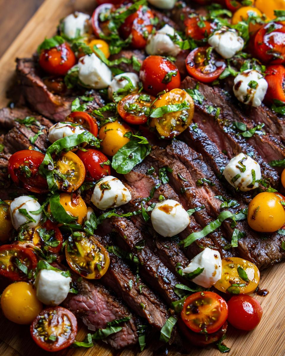 Sliced grilled flank steak topped with Caprese salad: tomatoes, mozzarella, basil and balsamic dressing.