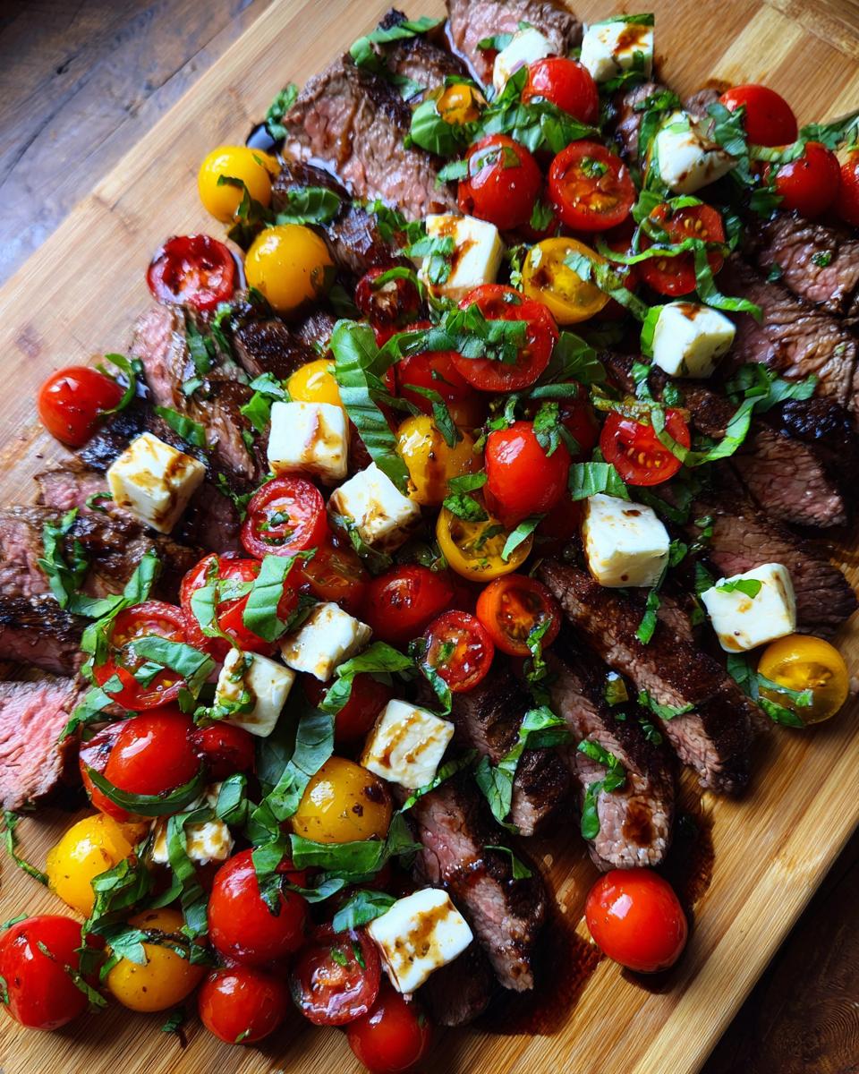Grilled Flank Steak Caprese with Balsamic Dressing, tomatoes, mozzarella, and basil.