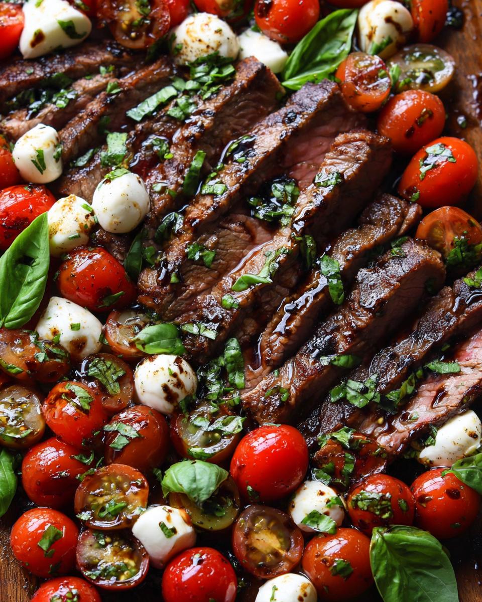 Close-up of Grilled Flank Steak Caprese with tomatoes, mozzarella, and balsamic dressing.