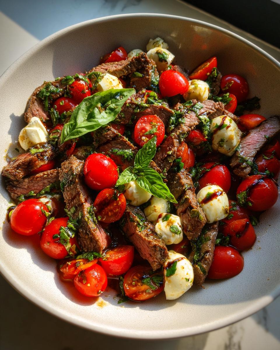 Grilled Flank Steak Caprese with balsamic glaze, cherry tomatoes, and mozzarella.