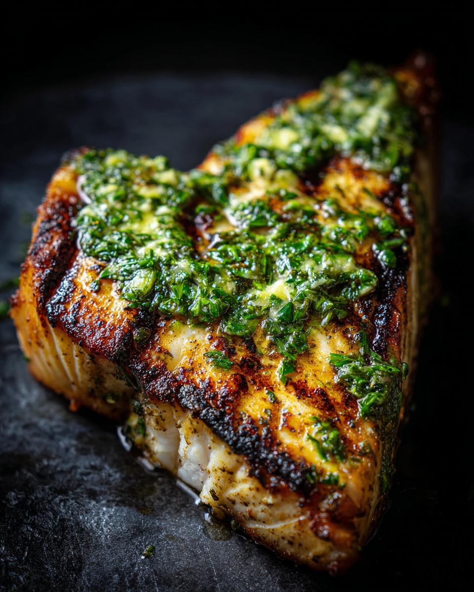 Close-up of grilled halibut topped with herb butter, showcasing the deliciousness of the Grilled Halibut.