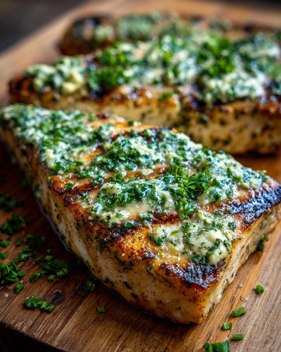 Close-up of grilled halibut with herb butter, showing grill marks and fresh herbs. The primary keyword is Grilled Halibut.