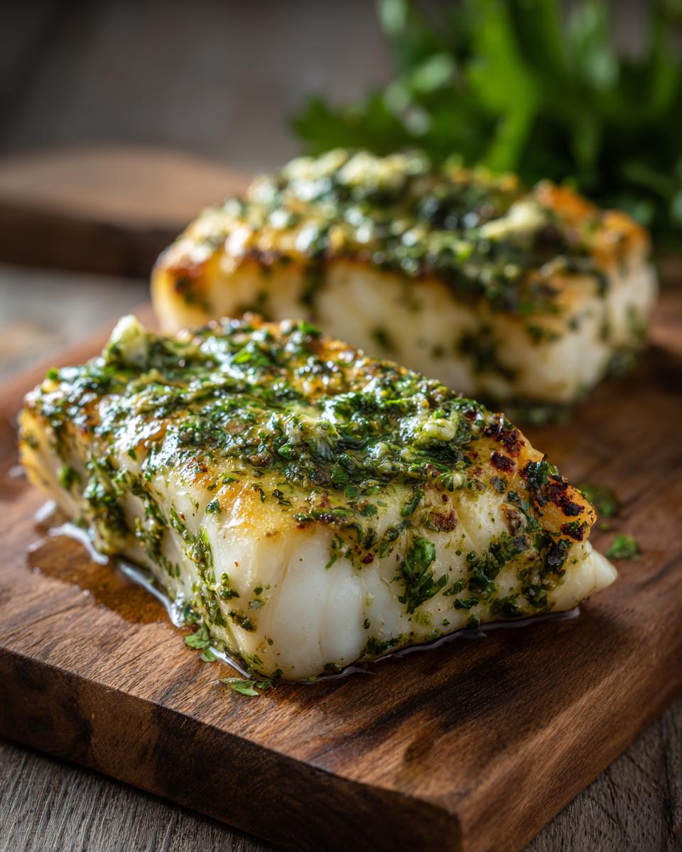 Close-up of grilled halibut with herb butter on a wooden board. Delicious Grilled Halibut.