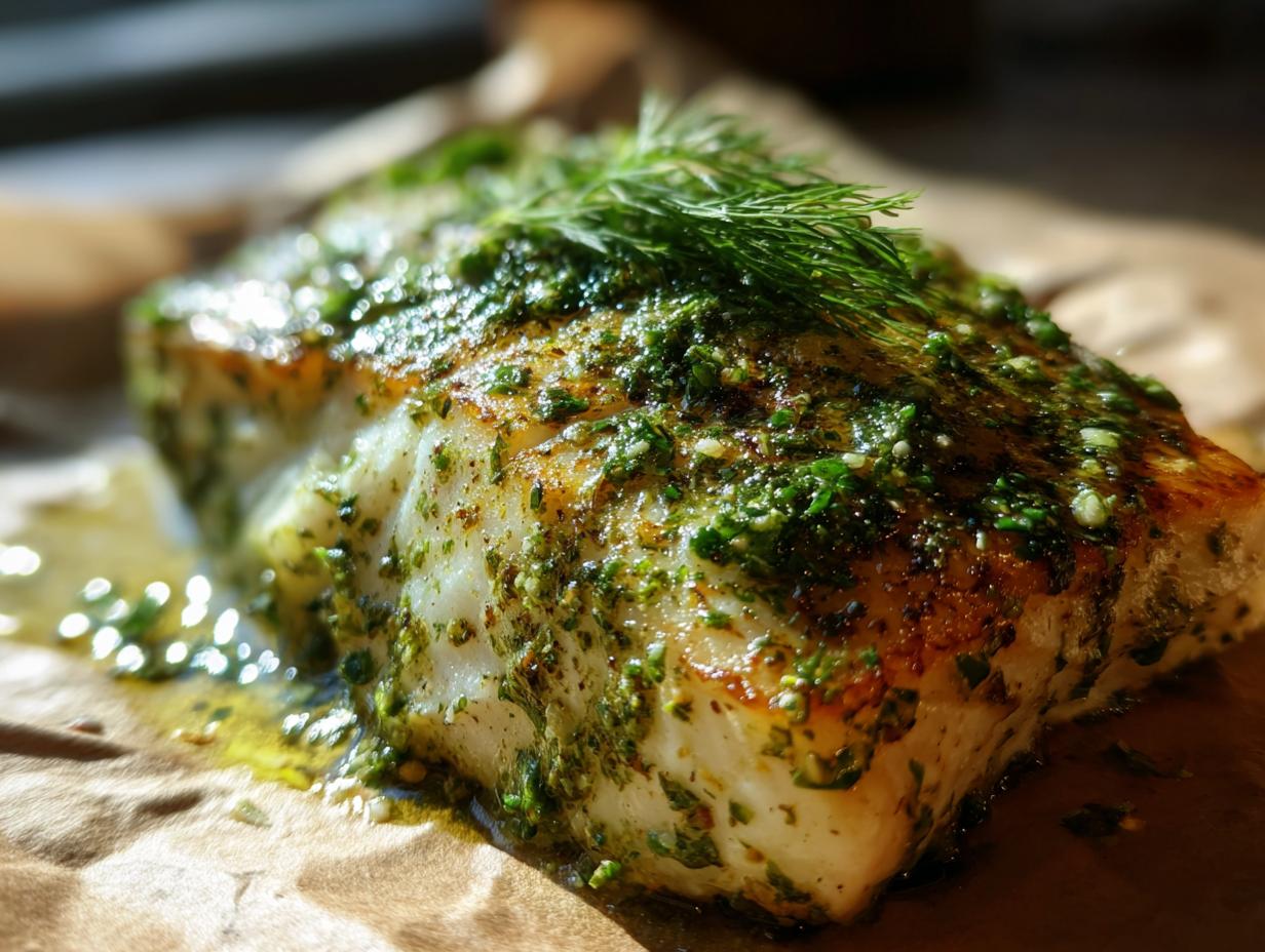 Close-up of grilled halibut with herb butter, showcasing the deliciousness of the Grilled Halibut.