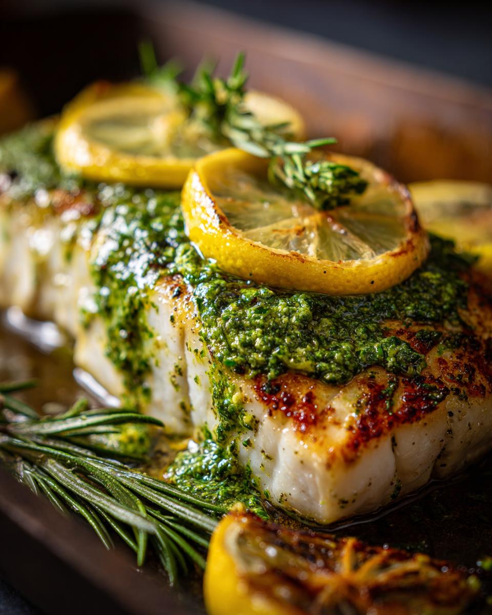 Close-up of grilled halibut with herb butter, lemon slices, and rosemary.