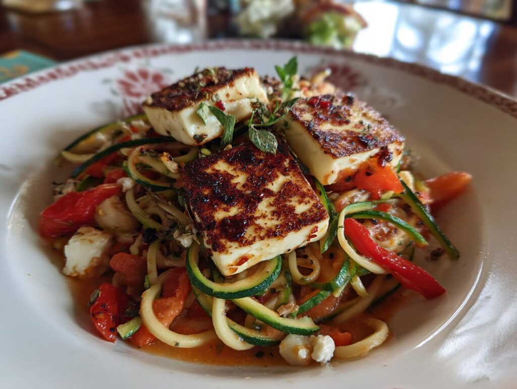 Close-up of grilled halloumi and zucchini pasta salad on a white plate, garnished with herbs.