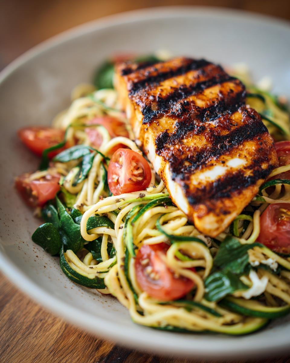 Close-up of grilled halloumi on top of zucchini pasta salad with tomatoes.
