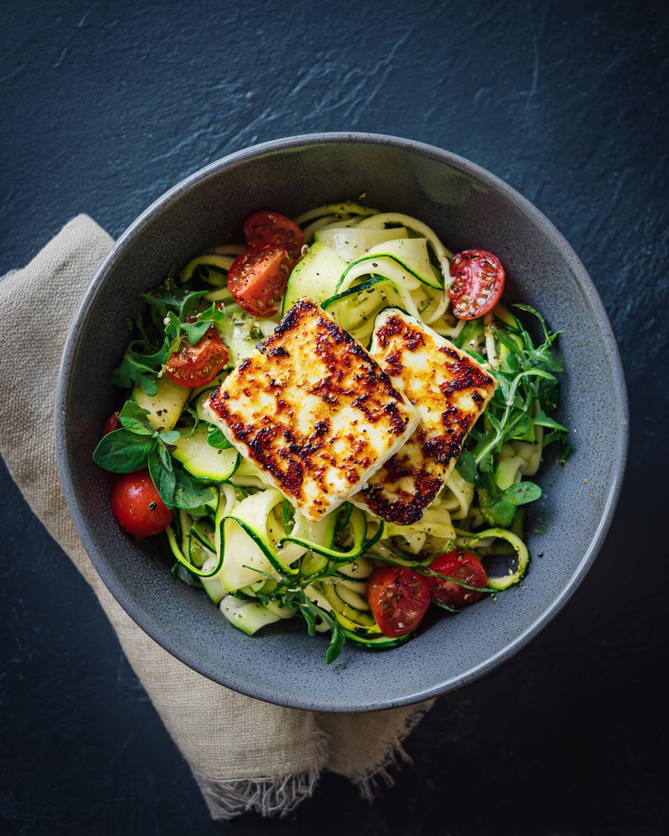Overhead shot of grilled halloumi and zucchini pasta salad in a bowl with tomatoes and greens.