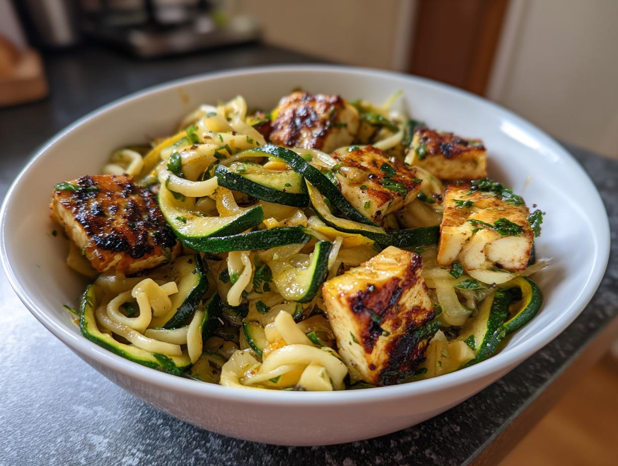 A bowl of grilled halloumi and zucchini pasta salad, a healthy and flavorful dish.