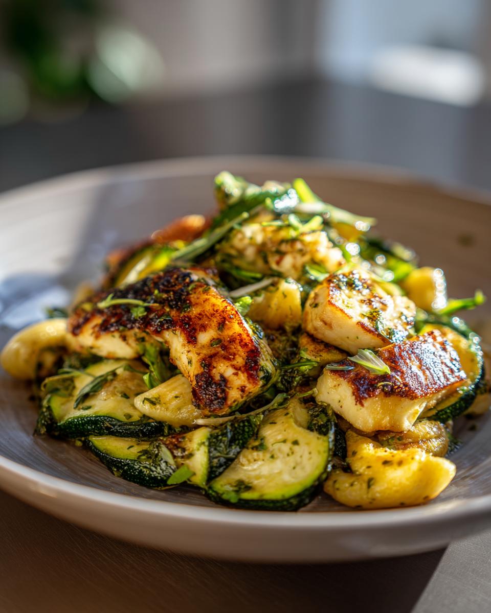 Close-up of grilled halloumi and zucchini pasta salad in a bowl, featuring halloumi, zucchini, and pasta.
