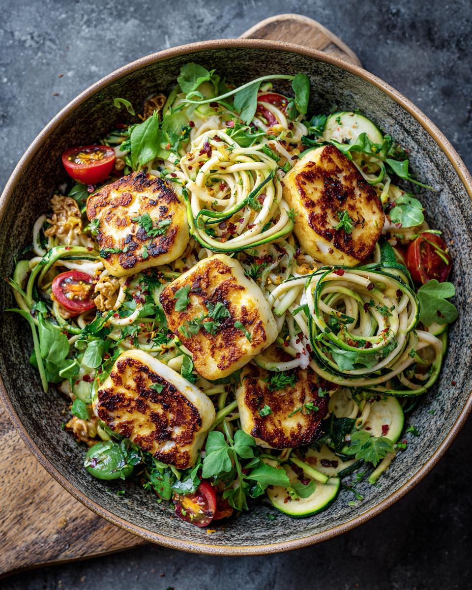Overhead shot of grilled halloumi zucchini pasta salad with tomatoes and greens. The image features the primary keyword: grilled halloumi and zucchini pasta salad.