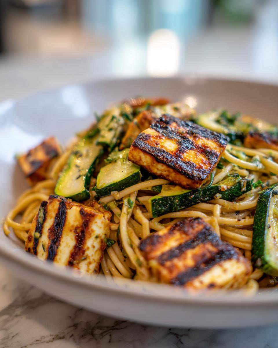 Close-up of grilled halloumi and zucchini pasta salad in a bowl, showing grilled halloumi, zucchini, and pasta.