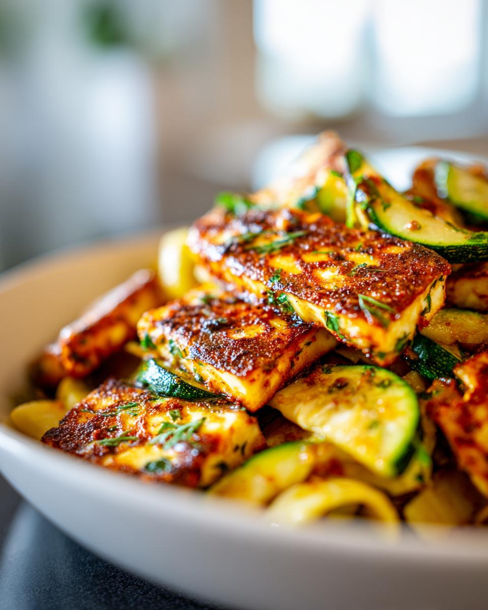 Close-up of grilled halloumi and zucchini pasta salad, a delicious and healthy dish.