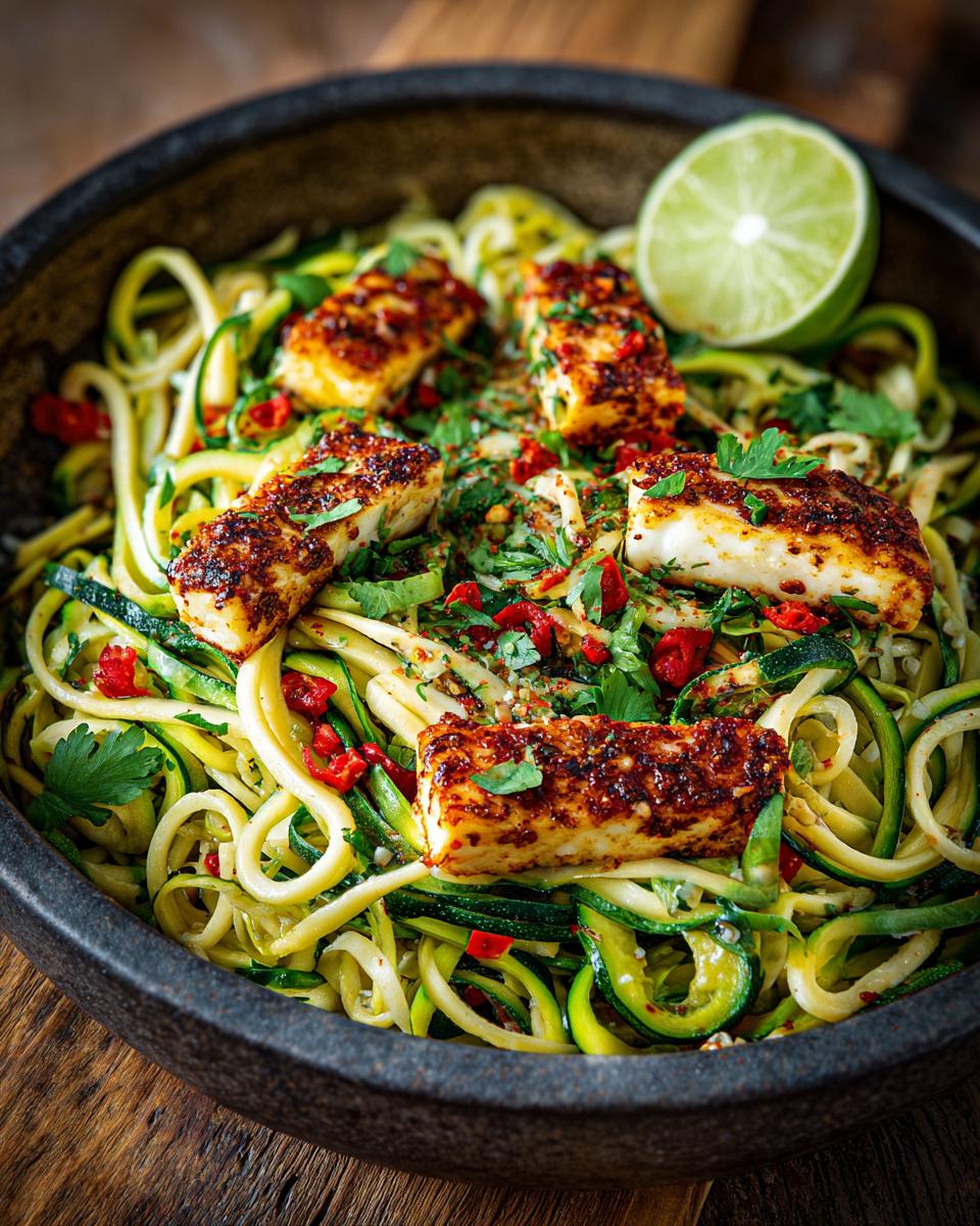 Close-up of grilled halloumi and zucchini pasta salad with lime wedge, herbs, and red pepper flakes.