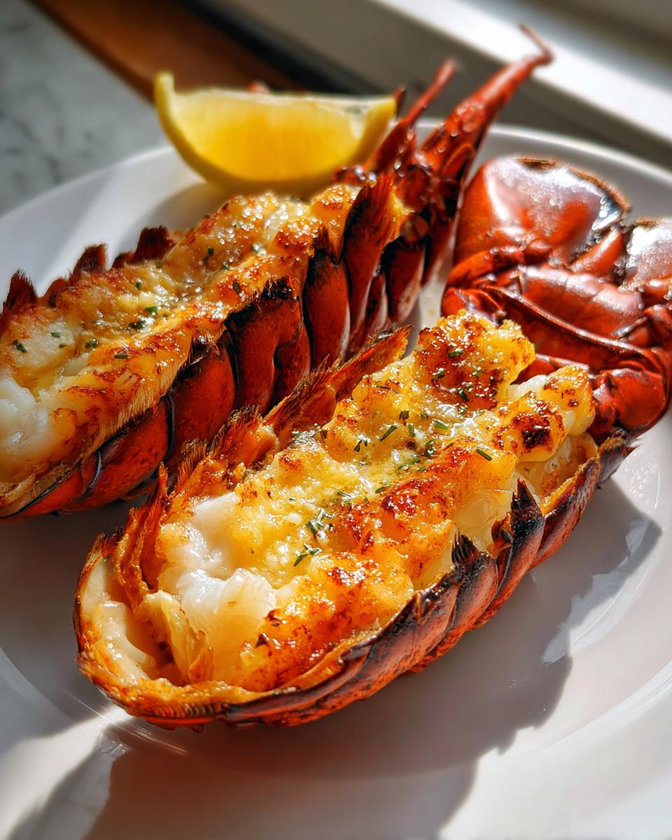 Close-up of grilled lobster tails with garlic butter, served with a lemon wedge. Featuring the primary keyword: Grilled Lobster Tails with Garlic Butter.