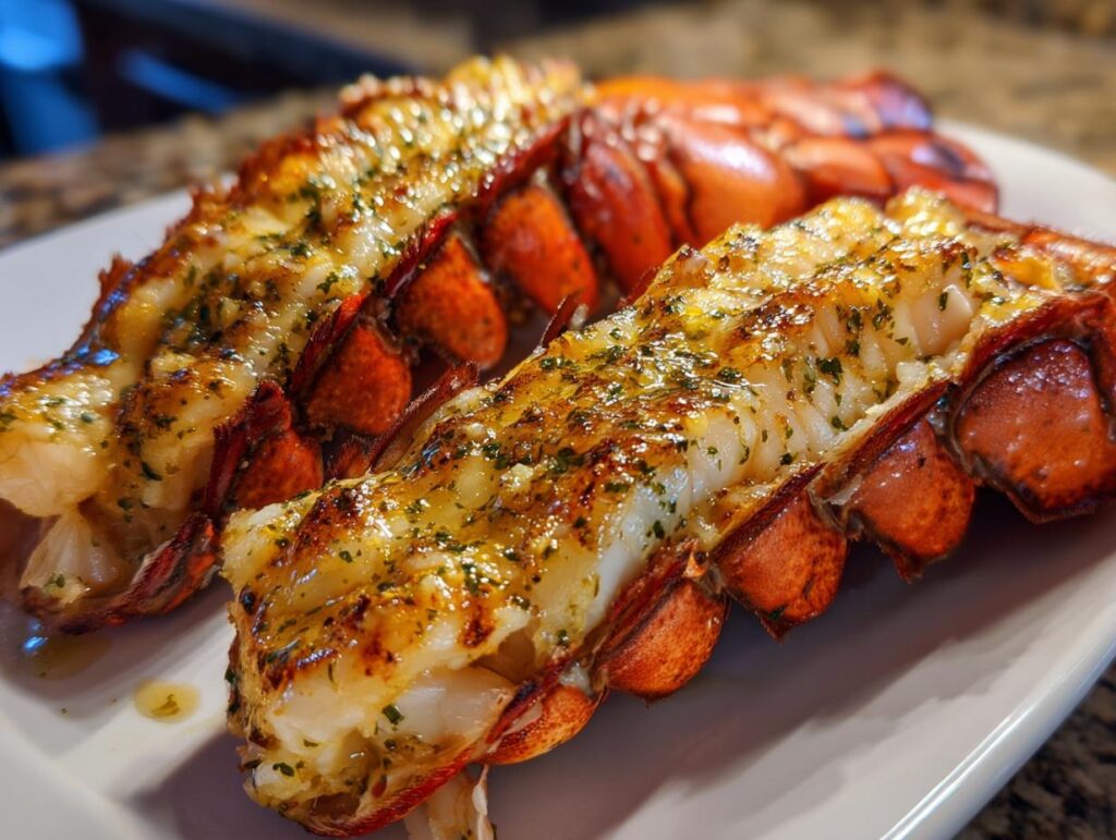 Close-up of grilled lobster tails with garlic butter, a delicious seafood dish.