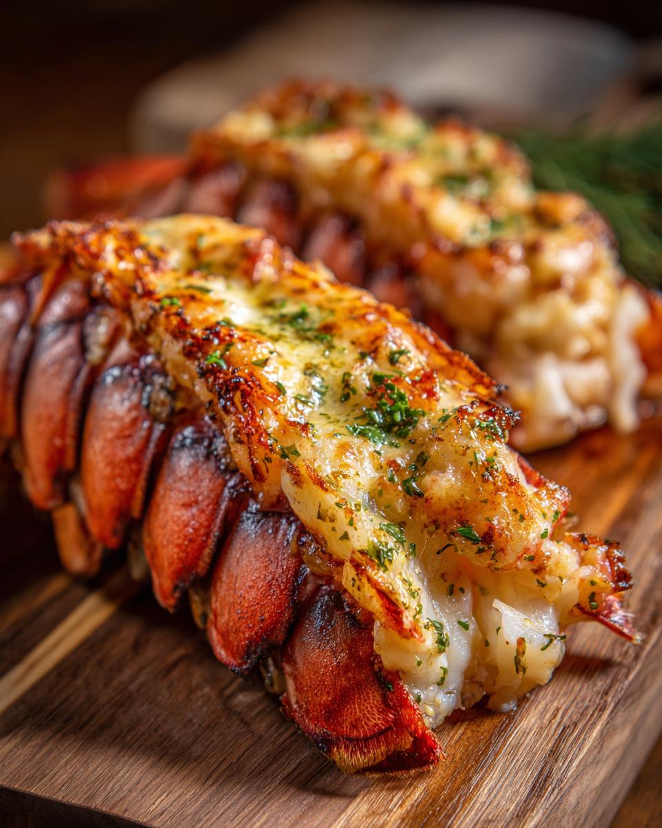 Close-up of grilled lobster tails with garlic butter, showcasing the deliciousness of the Grilled Lobster Tails with Garlic Butter.