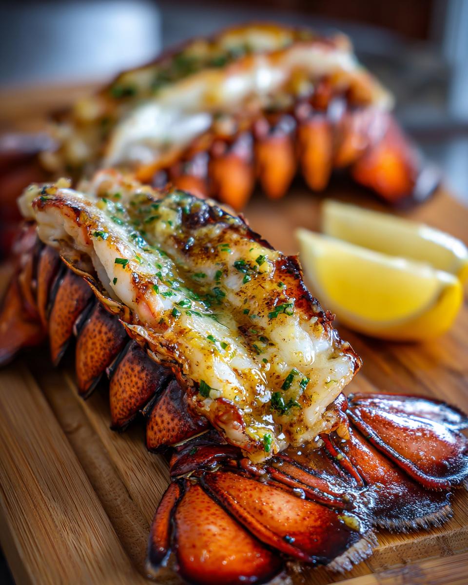 Close-up of grilled lobster tails with garlic butter and lemon wedges. Featuring the primary keyword: Grilled Lobster Tails with Garlic Butter.