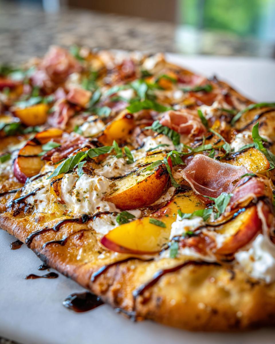 Close-up of a Grilled Peach & Prosciutto Pizza with peaches, prosciutto, basil, and balsamic glaze.