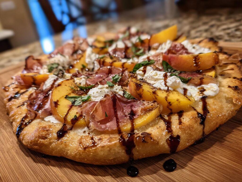 Close-up of a Grilled Peach & Prosciutto Pizza on a wooden board, with peaches, prosciutto, and balsamic glaze.