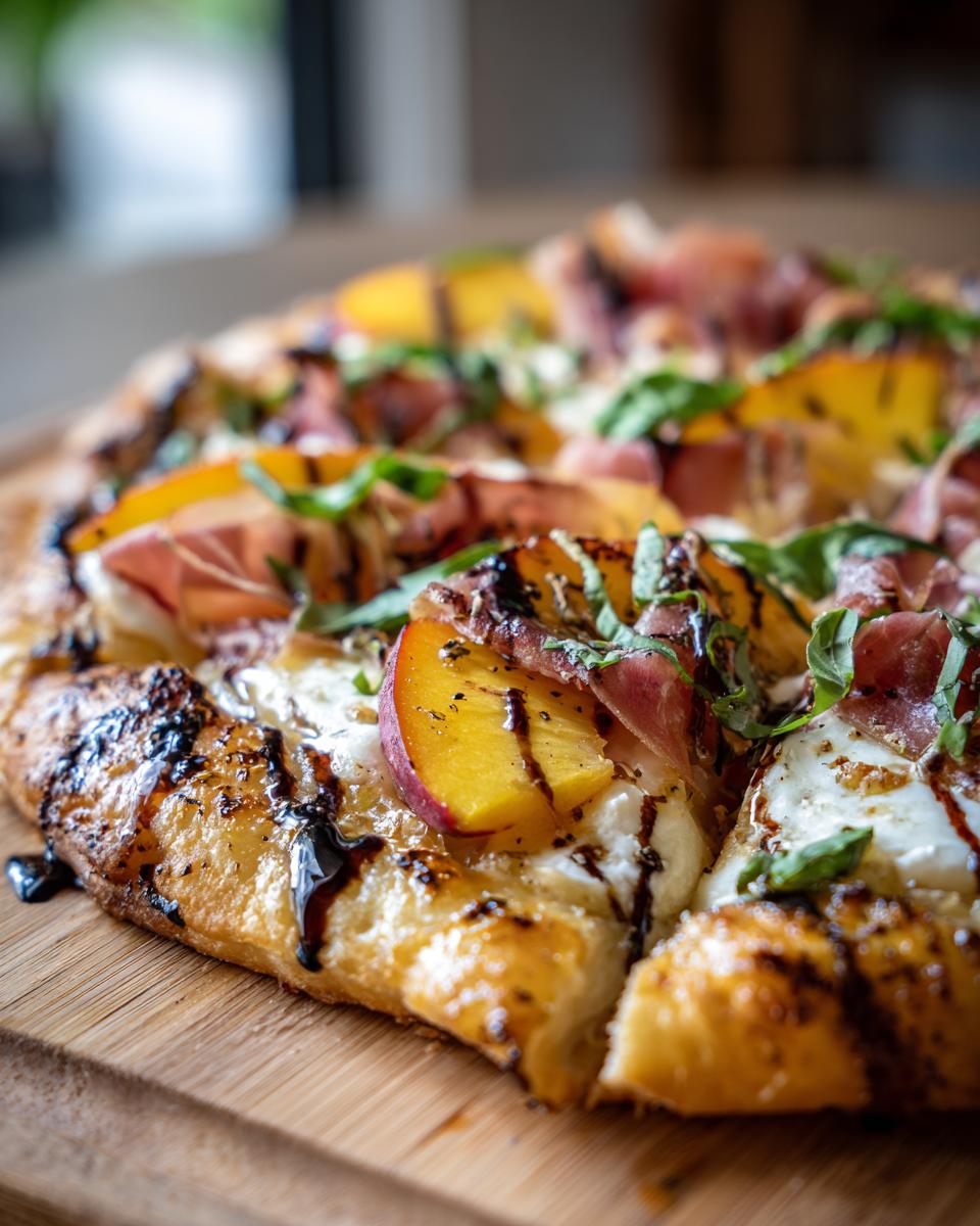 Close-up of a Grilled Peach & Prosciutto Pizza with peaches, prosciutto, and balsamic glaze.