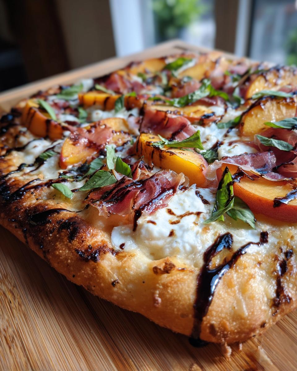 Close-up of a delicious Grilled Peach & Prosciutto Pizza with fresh basil and balsamic glaze.