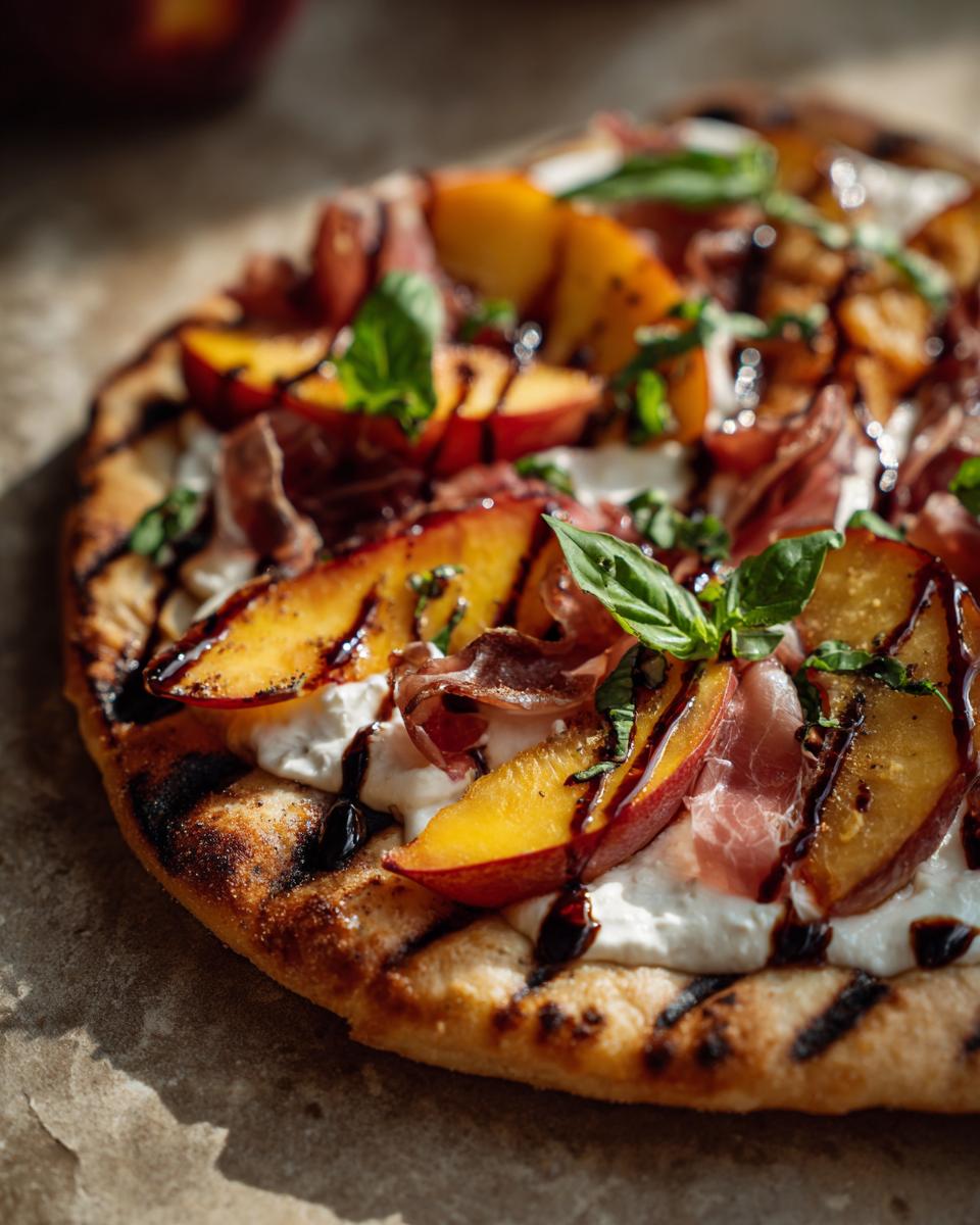Close-up of a delicious Grilled Peach & Prosciutto Pizza with fresh basil and balsamic glaze.