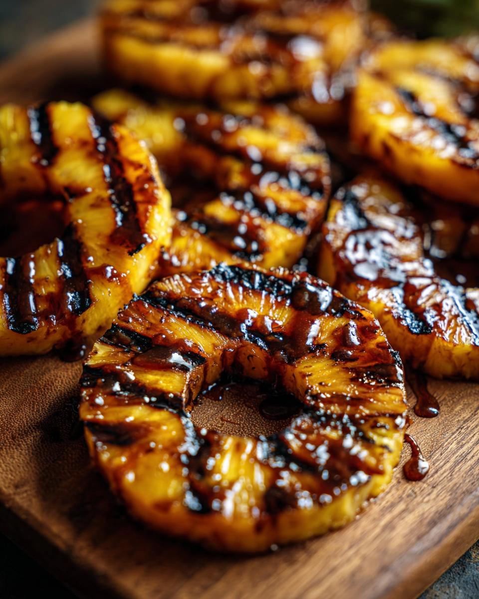 Close-up of grilled pineapple rings with grill marks, ready to serve. This is a recipe for Grilled Pineapple with Cinnamon Butter.