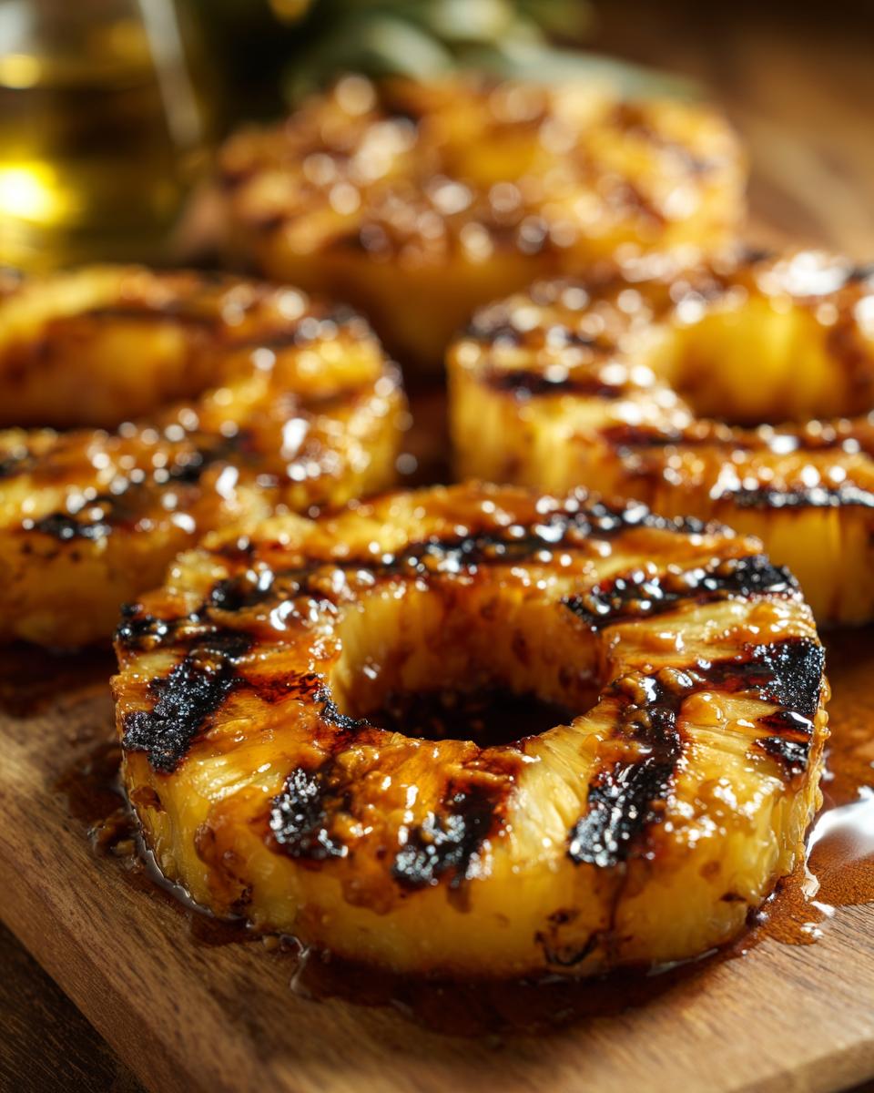 Close-up of grilled pineapple rings glistening with cinnamon butter, the perfect Grilled Pineapple with Cinnamon Butter.