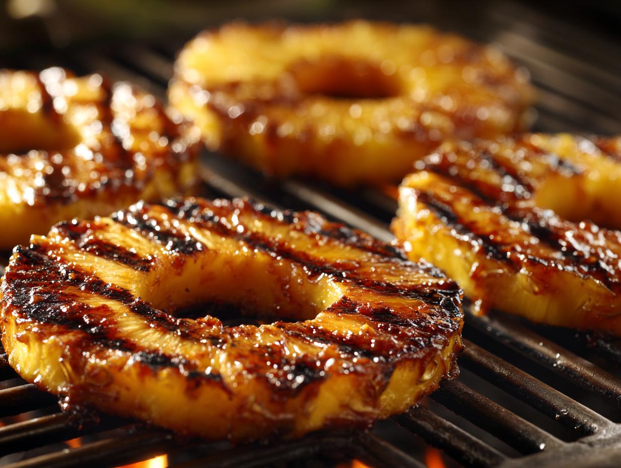 Close-up of grilled pineapple slices on a grill, showcasing the delicious Grilled Pineapple with Cinnamon Butter.