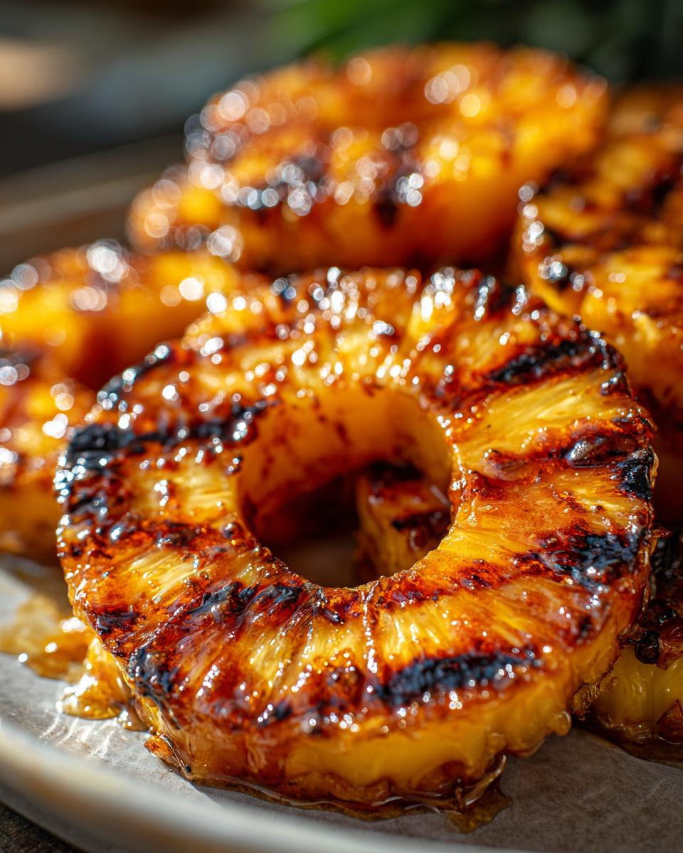 Close-up of grilled pineapple rings, showing grill marks and caramelized edges. Featuring the recipe for Grilled Pineapple with Cinnamon Butter.