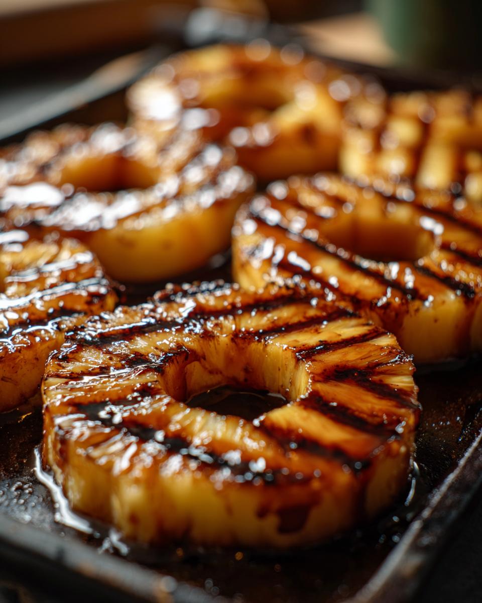 Close-up of grilled pineapple rings, showing grill marks and caramelized edges. Featuring the primary keyword: Grilled Pineapple with Cinnamon Butter.