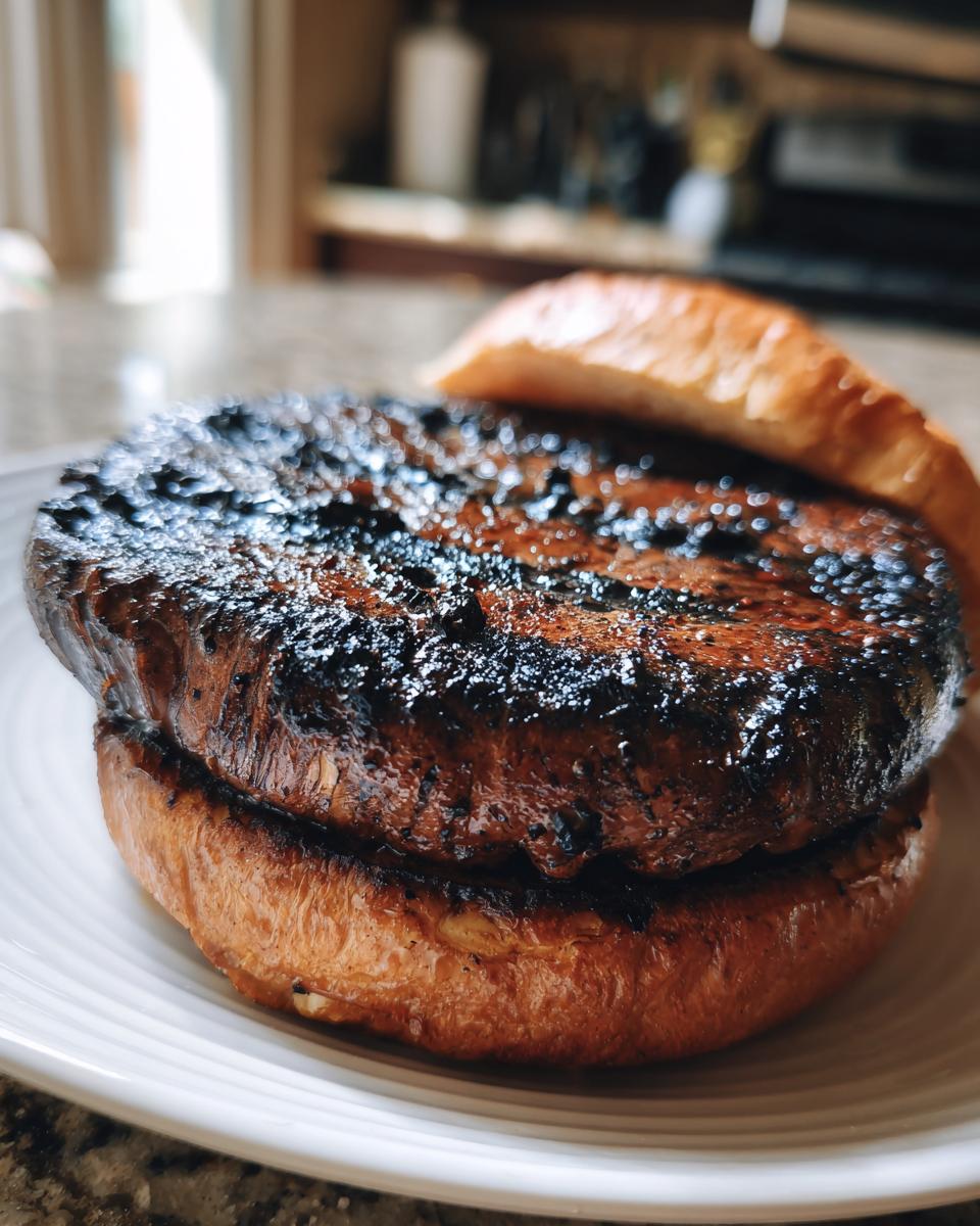 Close-up of a Grilled Portobello Mushroom Burger on a bun, ready to eat.