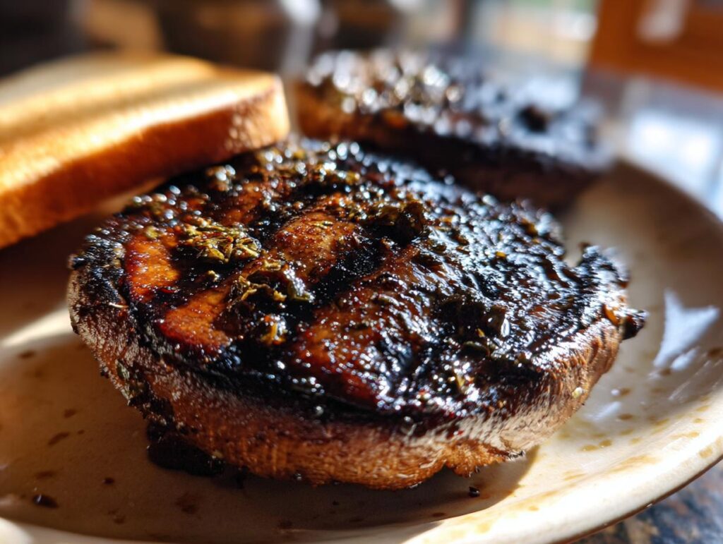 Close-up of a grilled portobello mushroom burger on a plate, ready to be served.