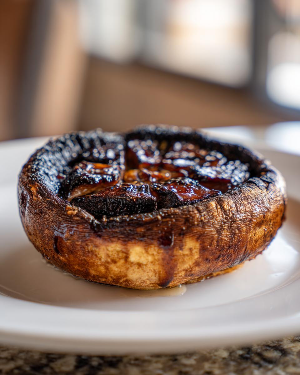 Close-up of a grilled portobello mushroom burger on a white plate, ready to be served.