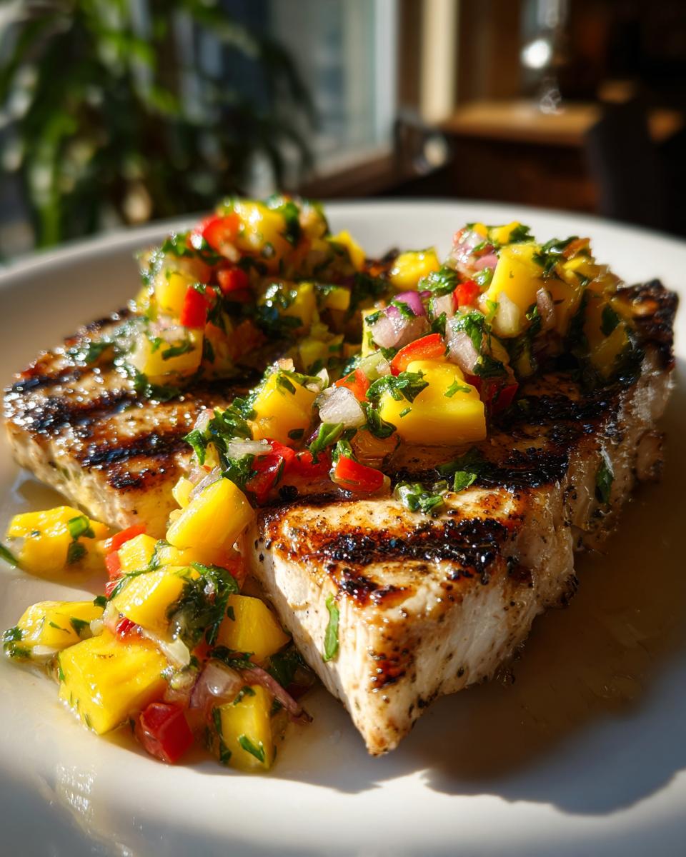 Close-up of grilled swordfish topped with vibrant mango salsa, a delicious dish.
