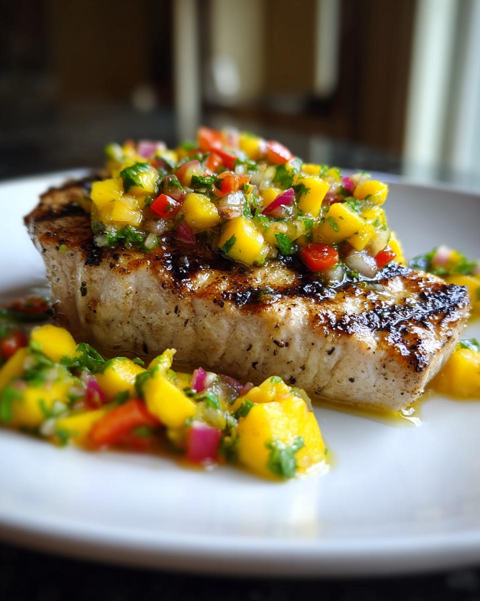 Close-up of a grilled swordfish steak topped with vibrant mango salsa, a delicious Grilled Swordfish with Mango Salsa recipe.