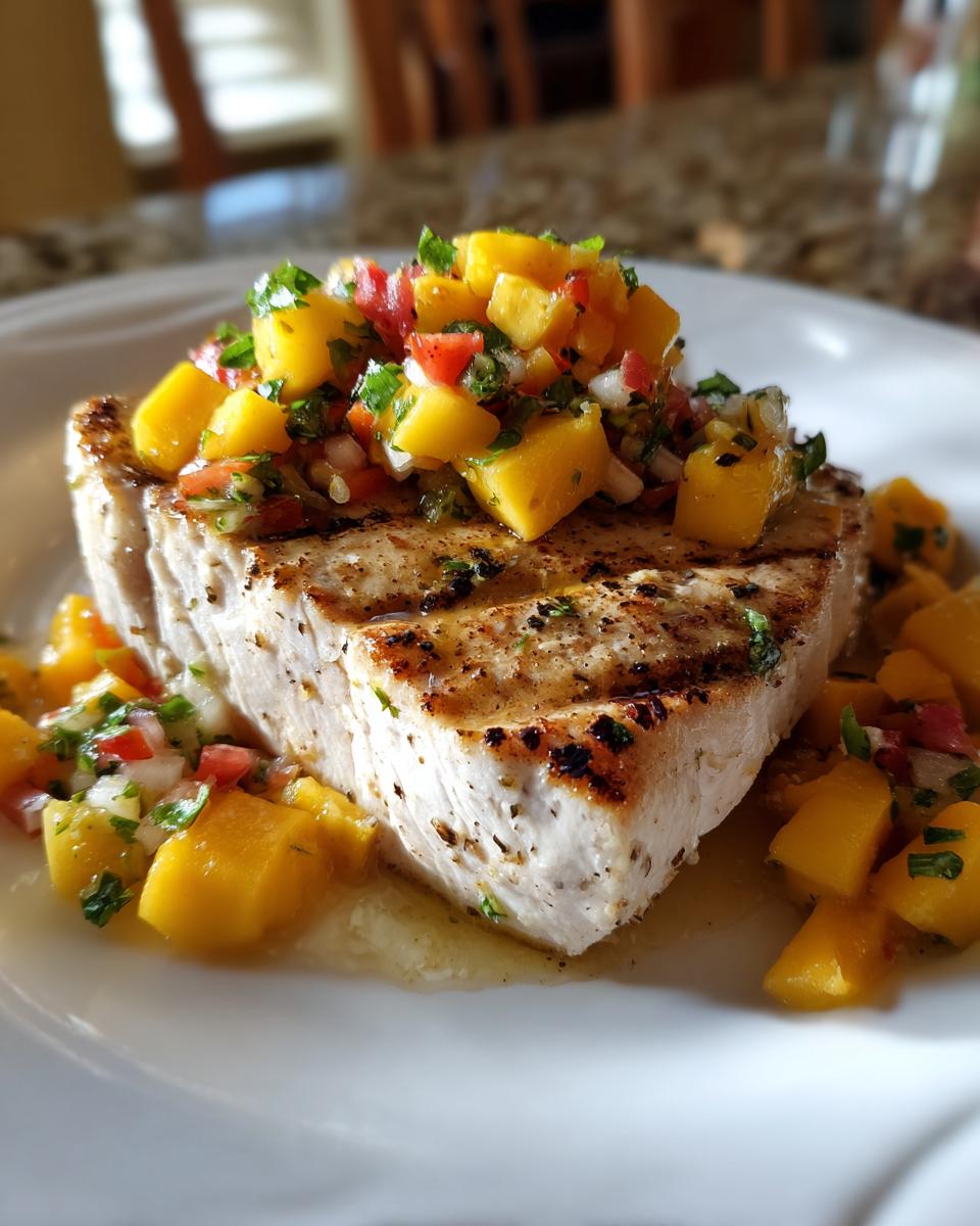 Close-up of grilled swordfish topped with fresh mango salsa, a delicious dish.