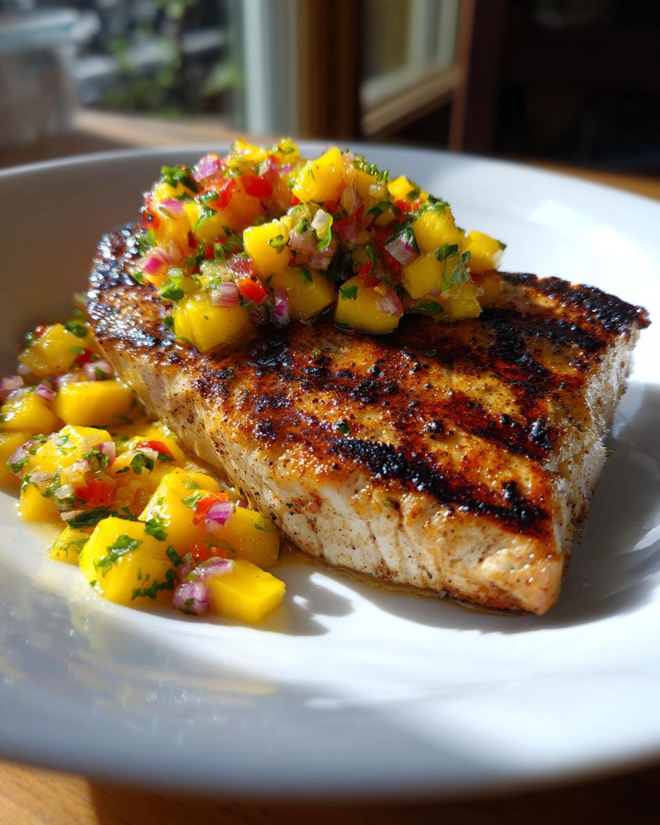 Close-up of grilled swordfish topped with vibrant mango salsa, served on a white plate. The image showcases the Grilled Swordfish with Mango Salsa.