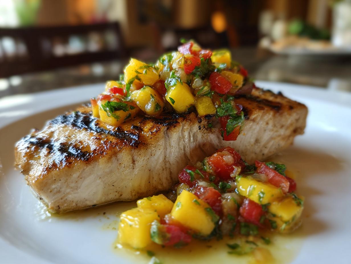 Grilled swordfish topped with vibrant mango salsa, a delicious dish.