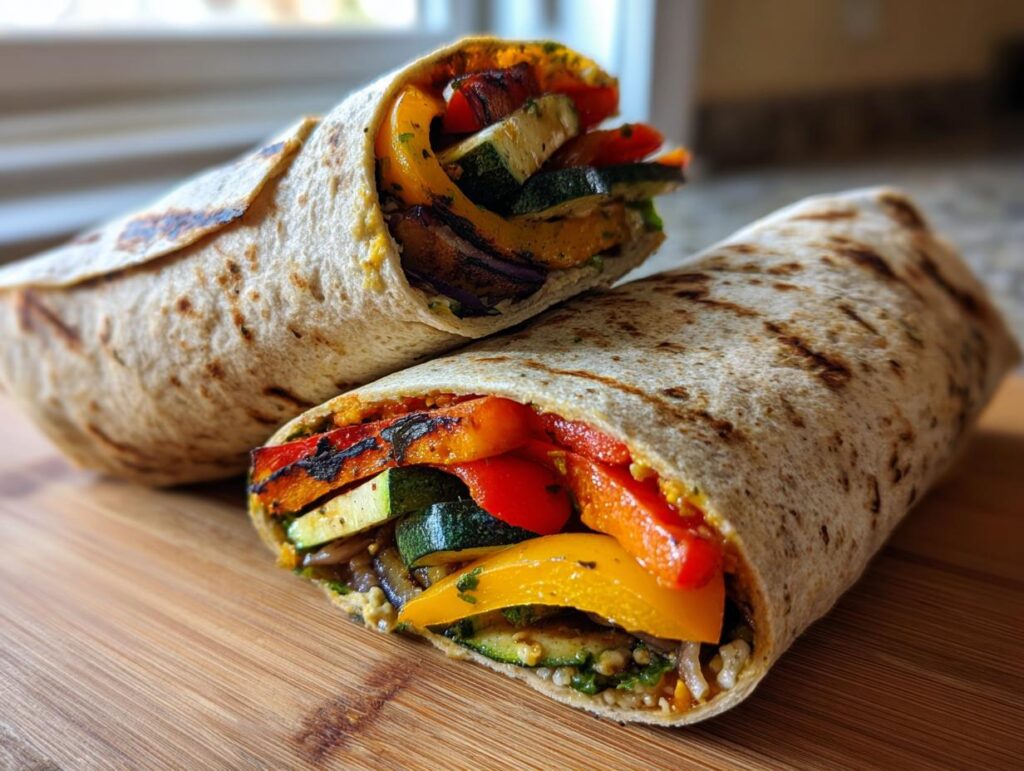 Close-up of two halves of Grilled Veggie & Hummus Wraps, filled with grilled vegetables.