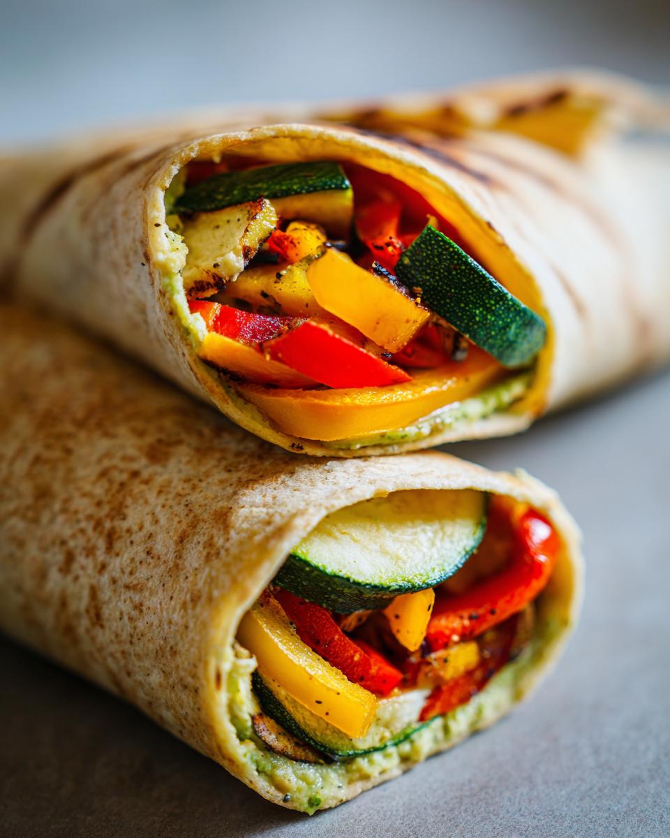 Close-up of two Grilled Veggie & Hummus Wraps filled with grilled vegetables and hummus.