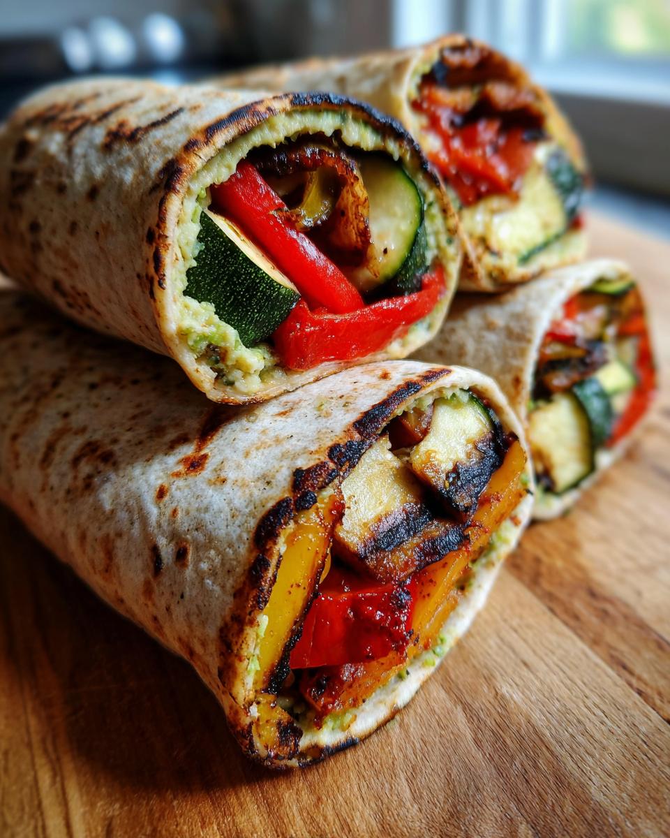 Close-up of delicious Grilled Veggie & Hummus Wraps with grilled vegetables and hummus filling.